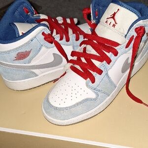 Kids Jordan Sneakers - White and Blue with Red Accents